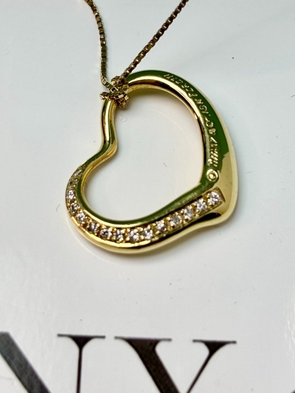 Tiffany & Co. 18KYG Elsa Peretti Pave Diamond Open Heart Pendant with chain